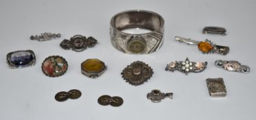 Five Victorian/ Edwardian silver brooches, silver locket, Scottish silver brooch, silver bangle with
