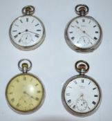 Four hallmarked silver keyless winding open faced pocket watches comprising J. W. Benson, two