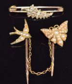 Edwardian 9ct gold seed pearl brooch and two Edwardian stick pins/ cloak pin in the form of a