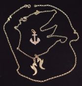 Two 9ct gold chains/ necklaces, two 9ct gold seahorse charms and a Victorian 9ct rose gold anchor,