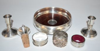Modern hallmarked silver wine coaster, diameter 14cm, pair of candlesticks marked 900, hallmarked