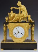 19thC French Empire bronze and ormolu mantel clock depicting the 'Sacrifie à l'Amour', the clock