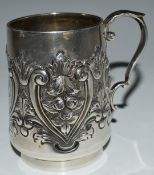 Victorian hallmarked silver tankard with embossed decoration, London 1897, maker William Hutton &
