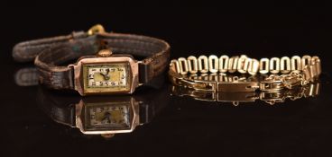 Unnamed 9ct gold ladies wristwatch with blued hands, Arabic numerals and abalone dial, on brown