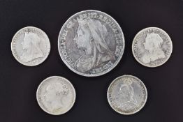 Queen Victoria 1896 crown and four various Victorian shillings