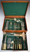 Oak cutlery canteen containing a selection of silver plated and other cutlery, width of canteen