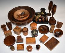 A collection of 18th/19thC treen items including a large elm bowl, turned pots, dishes, olive