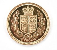 Queen Elizabeth II 2002 gold half sovereign, shield and wreath reverse, in Royal Mint case