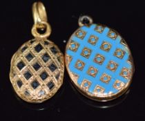 French 18ct gold locket set with enamel (1.5cm) and a Victorian 9ct gold locket set with aqua