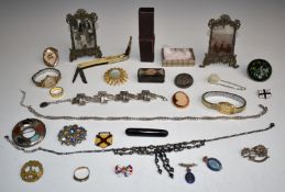 Collectables to include photograph frames, enamel badges including military, costume jewellery,