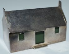 Modern novelty feature hallmarked silver house with lift off roof, London 1972, maker John Michael