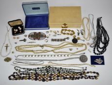A collection of jewellery including Toledo bracelet, silver earrings, jet beaded necklace, silver