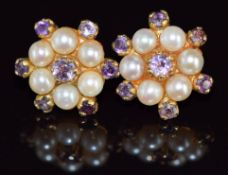 A pair of 9ct gold earrings set with amethysts and pearls, 4.2g, 1.2cm