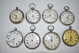 Eight hallmarked and other silver open faced pocket watches including J.W. Benson, largest case