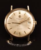 Favre-Leuba Daymatic 9ct gold gentleman's wristwatch with date aperture, gold hands and baton hour