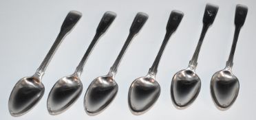 Georgian harlequin set of six Fiddle and Thread pattern teaspoons, length 13.5cm, weight 125g