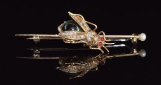 Victorian fly / insect brooch set with chrysoberyl cat eye cabochon, seed pearls and garnet eyes,