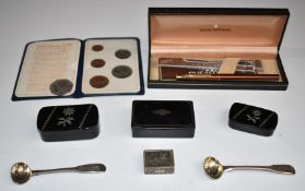 Boxed Sheaffer pen, three lacquer snuff boxes, two hallmarked silver salt spoons, pill box marked