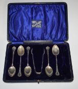 Edward VII cased set of five hallmarked silver spoons and tongs, Birmingham 1906, maker Joseph