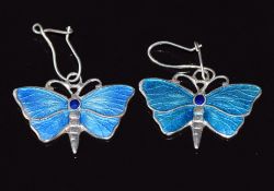 Charles Horner pair of silver earrings in the form of butterflies set with enamel, 2.5 x 2cm