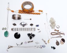 A hallmarked silver bangle by Charles Horner, jet brooch, Siam silver jewellery, Victorian pin set