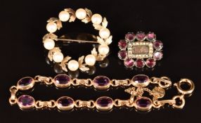 A 9ct gold and pearl brooch (6.2g), garnet and seed pearl mourning brooch and gold plated bracelet