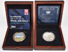 Two Royal Mint silver proof commemorative £5 coins comprising 100 Years of Royal Air Force and