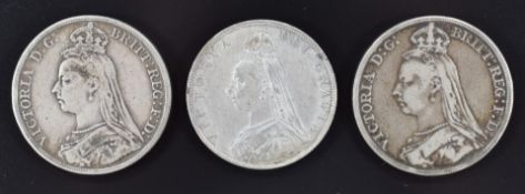 Two Queen Victoria Jubilee crowns 1889 and 1890, together with an 1887 double florin