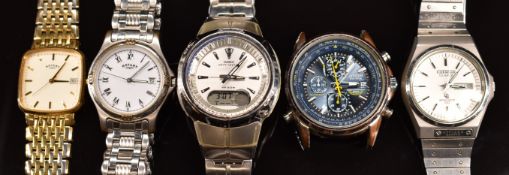 Five various wristwatches comprising Citizen Eco-Drive Blue Angles world chronograph, Casio
