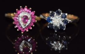 A 9ct gold ring set with rubies and diamonds (size N) and a 9ct gold ring set with a diamond and