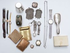Two white metal purses, 18ct gold watch, silver necklace, compacts, etc