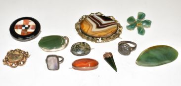 A yellow metal mourning brooch, nephrite jade pendant with yellow metal mounts, Victorian silver