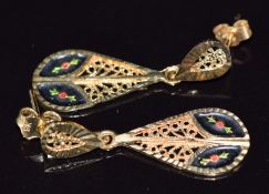 A pair of 9ct gold filigree and enamel earrings, 2.1g, 3cm