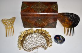Walnut box with brass decoration, width 24cm, Chinese cloisonné enamel pot, a tortoiseshell hair
