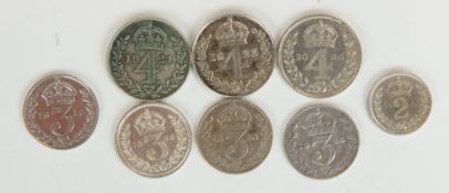 Eight Maundy coins of George V comprising three 4d 1921, 1923 and 1936; four 3d 1912, 1918, 1920 and