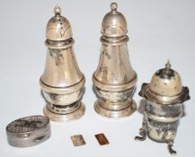 Modern hallmarked silver salt and pepper shakers, further hallmarked silver pepper and two 1 gram