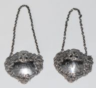 Pair of hallmarked silver bottle tickets for gin and whisky, Birmingham 1954, maker Turner & Simpson