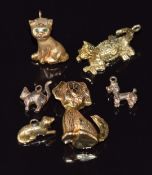 Six 9ct gold charms / pendants in the form of dogs and cats, 13.4g, largest 2.6cm