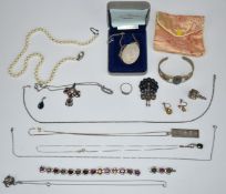 A collection of silver jewellery including pendant, ingot and Siam brooch, 9ct gold earrings set