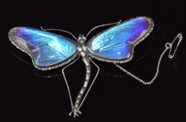 Victorian silver brooch in the form of a dragonfly set with butterfly wing, 21.2g, 7.8cm