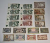 UK £1 notes, includes 2d trio consecutive, crisp and uncirculated, two ten shilling examples and