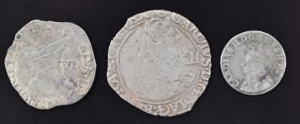 Charles I shilling, together with Tower Mint sixpence and a Charles II milled threepence