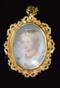 An 18k gold pendant/ brooch set with a painted miniature of a young woman set with two diamonds