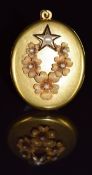 Victorian 18k gold locket set with textured flowers, seed pearls and a split pearl, 16.8g, 3.6 x