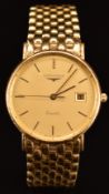 Longines 18ct gold gentleman's wristwatch ref. 7024 156 with date aperture, gold hands, baton hour