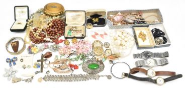 A collection of costume jewellery including silver Mikimoto ring in original box, filigree brooch,