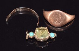 A section of 9ct gold set with foiled yellow sapphire and turquoise and a section of 9ct rose gold