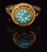 Victorian yellow metal ring set with turquoise and rope twist decoration, 3.2g, size M