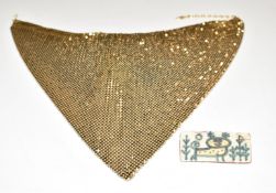 1960's Karin Og Aase Danish ceramic brooch and a 1970's Whiting & Davis gold tone mesh necklace