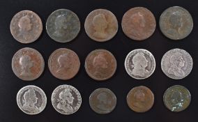 George I four silver shillings including two South Sea Copper Company examples, together with a